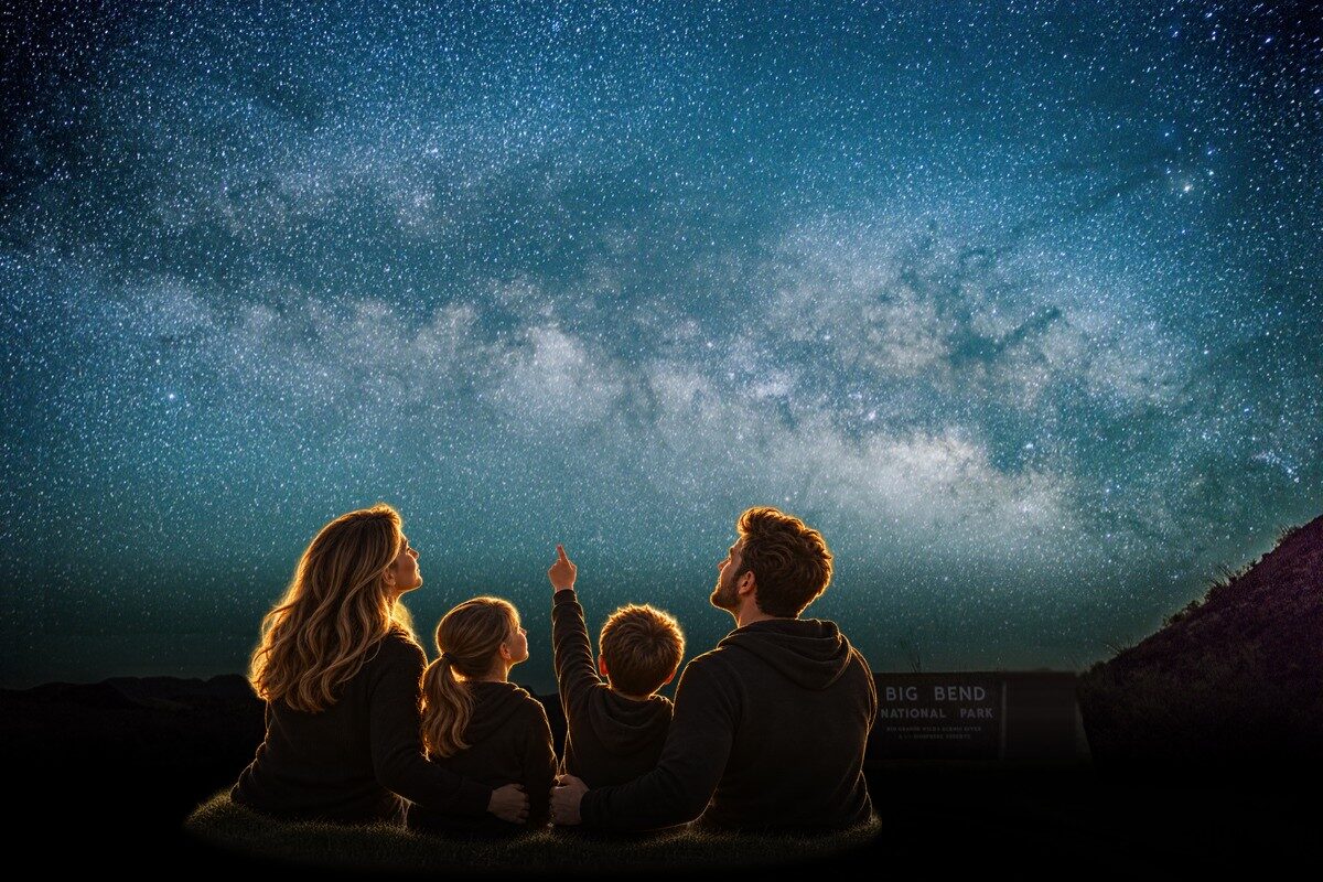 A family of four sitting under the Milky Way at the Big Bend National Park entrance